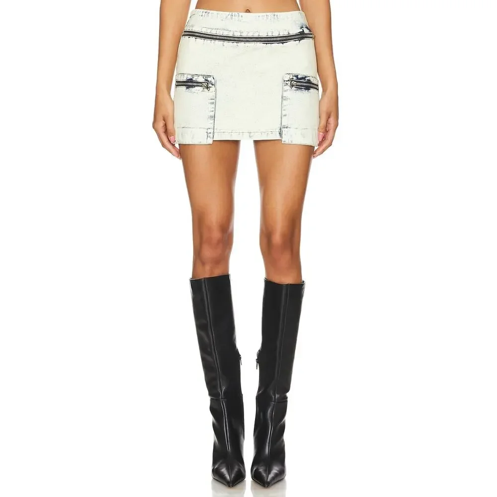 BY.DYLN Monica Jean Mini Skirt 90s Moto Edgy Streetwear Denim Acid Wash Size XS